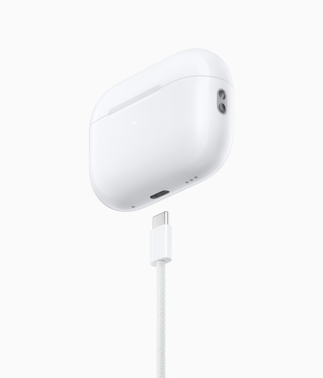 The updated AirPods Pro (2nd generation) are shown with their charging case and USB-C charging cable. (2023 USB-C revision)